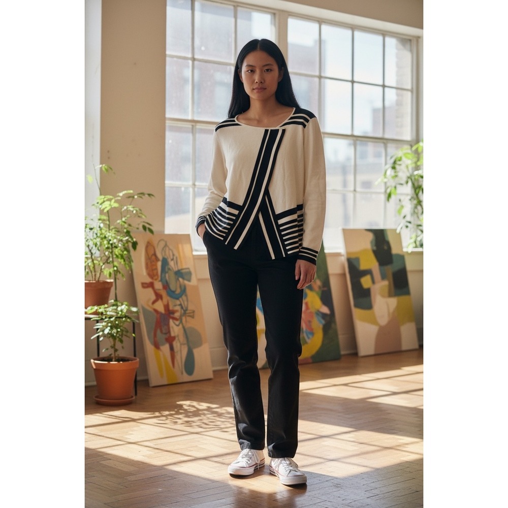 Chicos Black White Waterfall Open Striped Cardigan Long Sleeve Sweater NWT 0 (S)